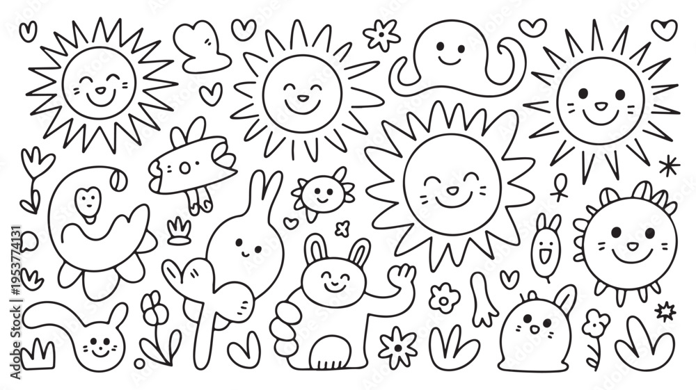 Fototapeta premium Cartoon Sun Symbols And Cute Animal Characters For Kids Coloring Book Pages Isolated on White