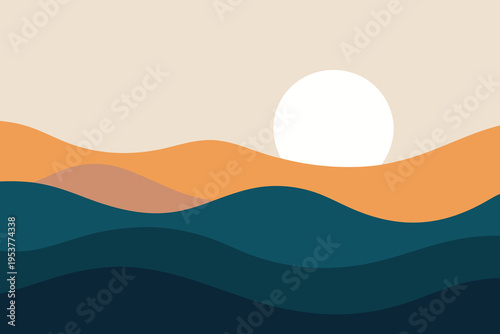 Abstract landscape with rolling hills and a setting sun