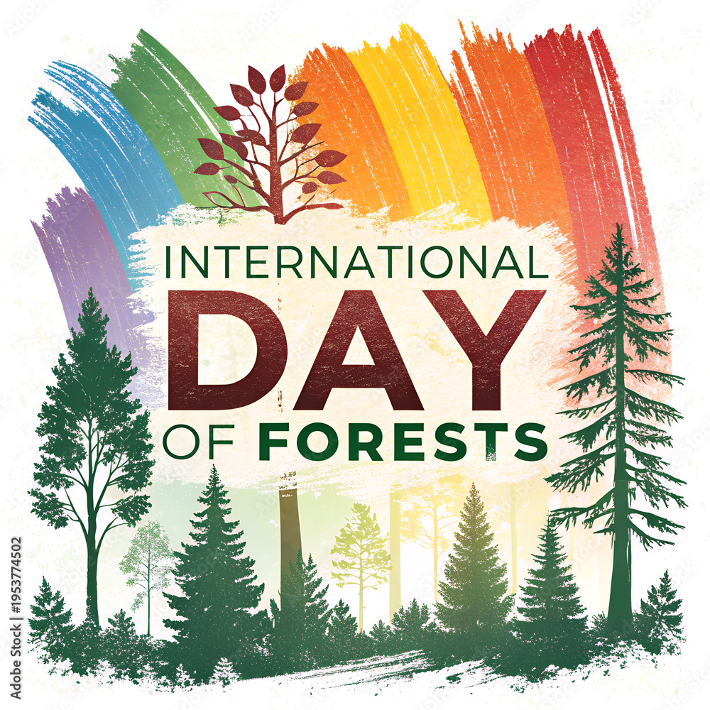 Naklejka premium International day of forests poster with rainbow and pine tree woods