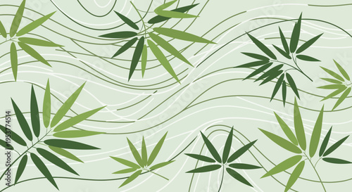 Green Bamboo Leaves Pattern with Wavy Lines.