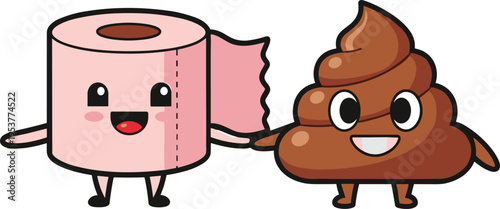 Cartoon toilet paper roll and poop characters smiling anthropomorphic 1