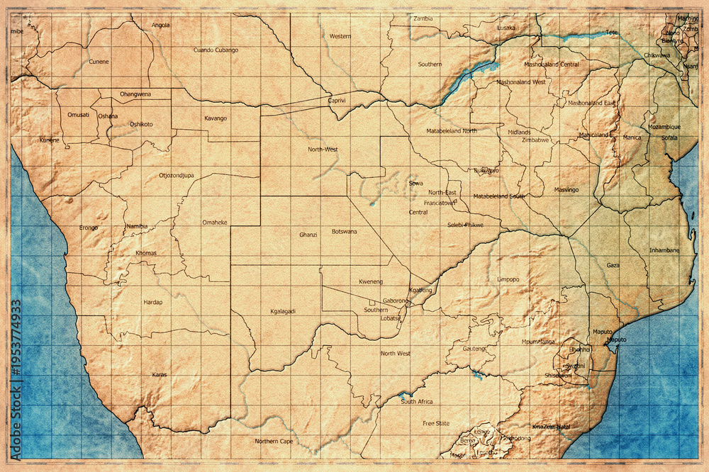 Fototapeta premium Vintage Map Of Botswana With District Boundaries On Retro Paper Background