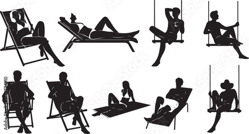 Silhouettes of people relaxing on beach chairs and swings