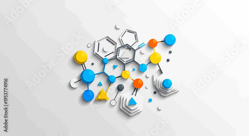Abstract molecular structure illustration with a vibrant array of colors on a pristine white