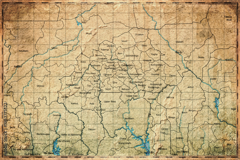 Fototapeta premium Vintage Map Of Burkina Faso With Regional Boundaries On Retro Paper Background