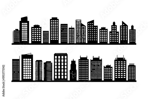 City skyline with various buildings.
