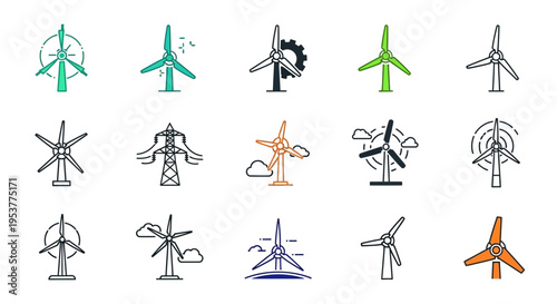 Collection of minimalist wind turbine icons representing sustainable energy and renewable resources