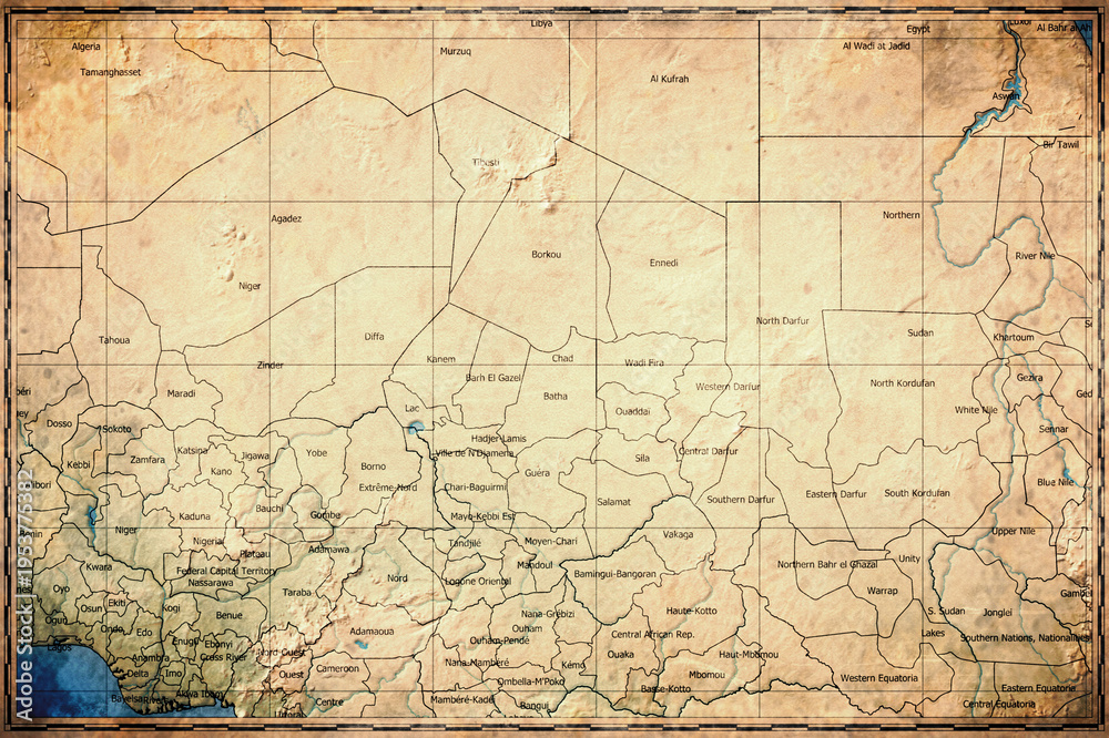 Naklejka premium Vintage Map Of Chad With Regional Boundaries On Retro Paper Background