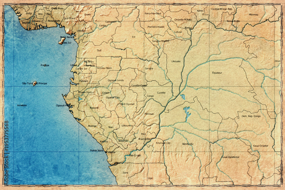 Fototapeta premium Vintage Map Of Congo With Department Boundaries On Retro Paper Background