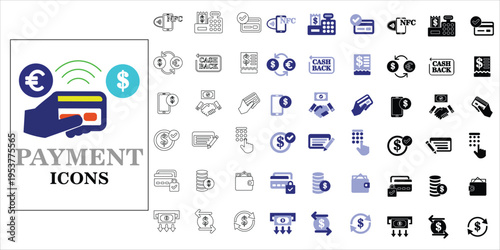 payment icons set. exchange, money, wallet, credit card, nfc, mobile banking, pay and more.simple complete vector illustration