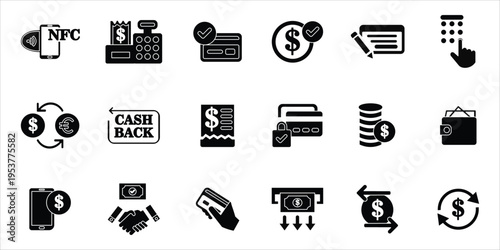 payment icons set. money, wallet, credit card, nfc, mobile banking, transaction and more.simple solid vector illustration