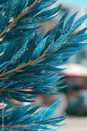 Close-up of vibrant teal glitter-dusted leaves on a branch, creating a sparkling and festive botanical display.