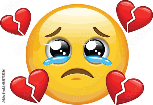 Crying yellow emoji face with broken hearts crying emoji sad face yellow face tears