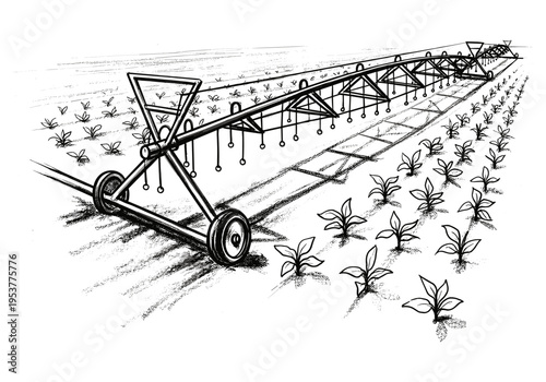 Agricultural irrigation system watering young plants in a field, black and white illustration