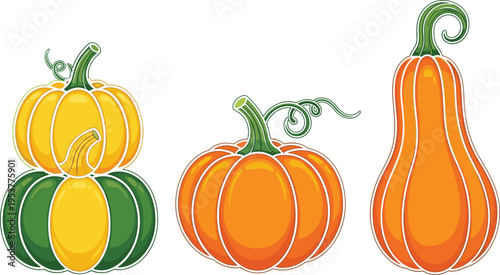 Stacked and single orange green yellow pumpkins squash gourd