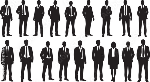 Silhouettes of business professionals in various poses and attire