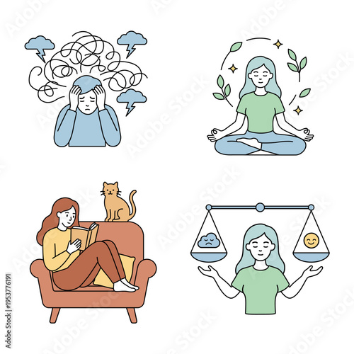 Vector illustration set of mental health concepts including depression, meditation, reading for self-care, and work-life balance, line art design.