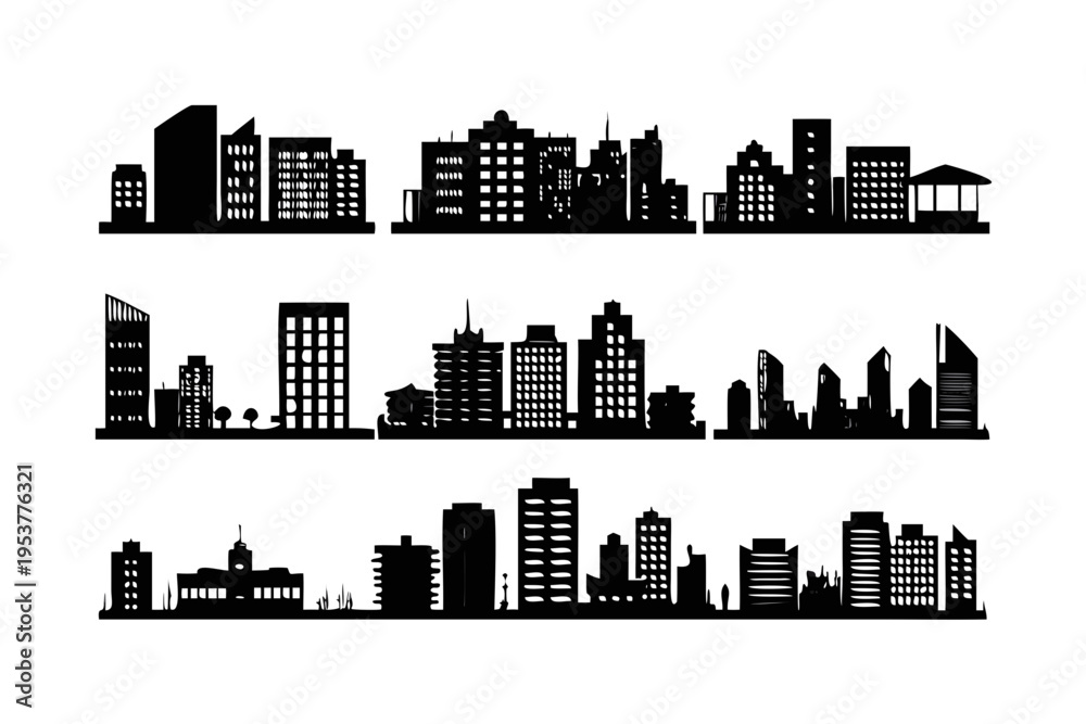Fototapeta premium Black silhouettes of various city skylines and urban buildings arranged in three distinct rows on a white background.
