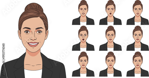 Set of professional woman avatar headshots with various facial expressions and emotions for corporate business use vector illustration.