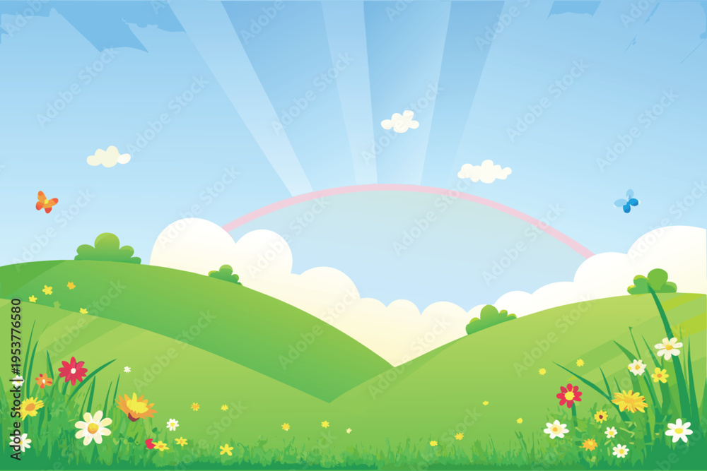 Fototapeta premium A vibrant cartoon landscape with rolling green hills and a rainbow