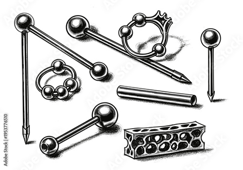 Collection of various body piercing jewelry and tools in a detailed illustration