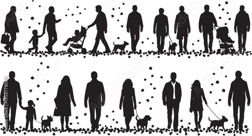 Silhouettes of people walking with dogs and children outdoors