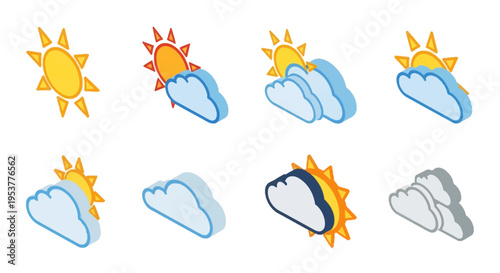 Weather forecast icons representing sunshine and cloudiness conditions in isometric style