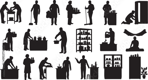 Warehouse Workers Engaged in Various Tasks and Activities Silhouettes