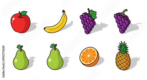 Vibrant illustration of various fresh fruits including apples, bananas, grapes, pears, oranges and