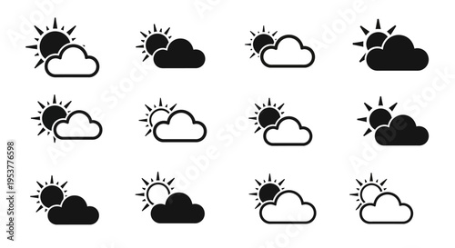 Weather icon set featuring sun and clouds in various arrangements on a white background