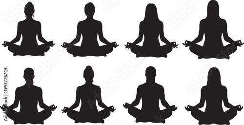 Silhouettes of people meditating in various yoga poses together