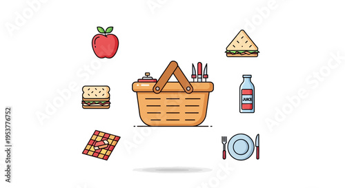 Picnic basket with food items inside.