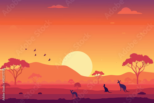 Australian outback scene featuring kangaroos at sunset