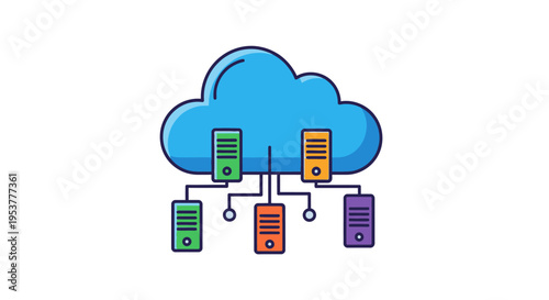 Cloud Computing Illustration: Depicting Data Servers Connected to a Blue Cloud Shape Visualization