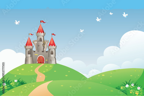 A colorful cartoon castle sits atop a grassy hill under clouds