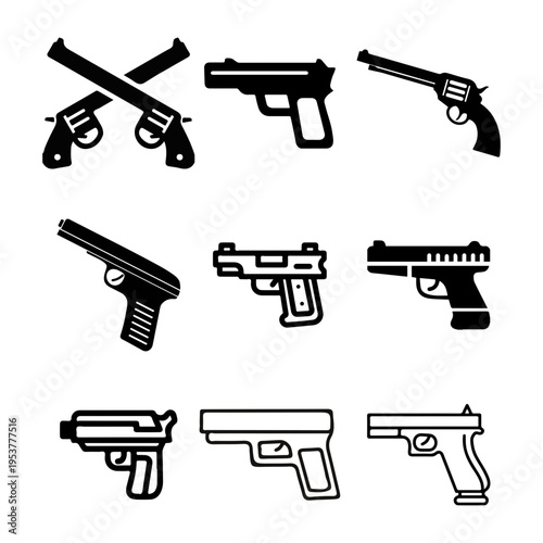 Collection of various black and white handgun icons showing different styles of semi-automatic guns