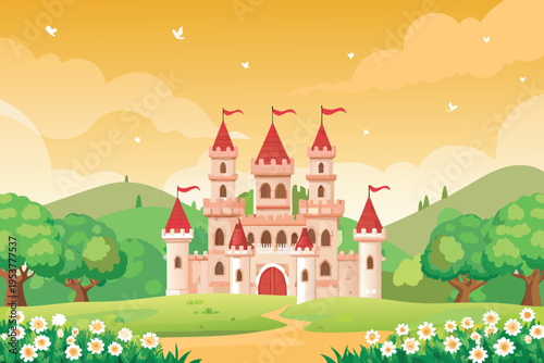 A charming fairytale castle sits amidst green hills and flowers