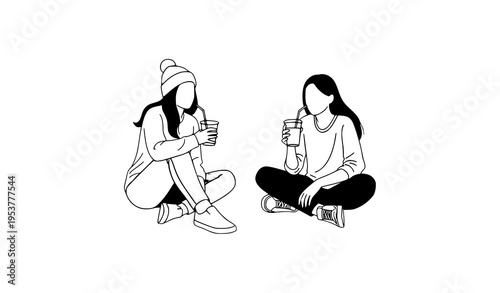Women relaxing with drinks vector illustration two sitting girls social lifestyle concept isolated on white background