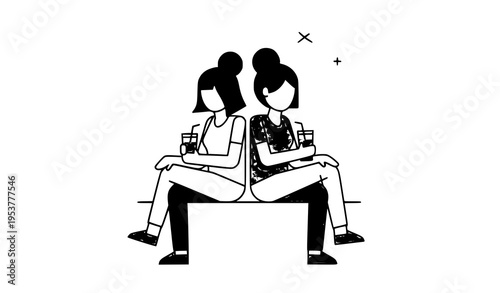Two sitting girls icon vector women relaxing with drinks minimal flat design isolated on white