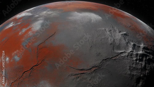 Close-up view of Charon, Pluto's moon, showcasing its rugged terrain and reddish hues