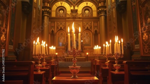 Orthodox church golden iconostasis candles flickering, Byzantine religious art, spiritual atmosphere interior, warm amber lighting, sacred tradition