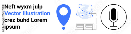 Navigation tools, global communication, data storage, voice recognition, location tracking, technology. Blue location pin, black microphone icon globe with connections and data servers. Navigation