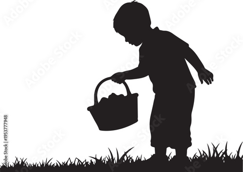 Silhouette of a child picking up Easter eggs outside