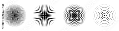 Black concentric circle set. Sonar or sound wave ring halftone collection. Ripple radial signal or vibration elements.