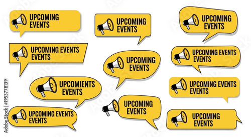Announcements of upcoming events illustrated with megaphones in various speech bubbles forms