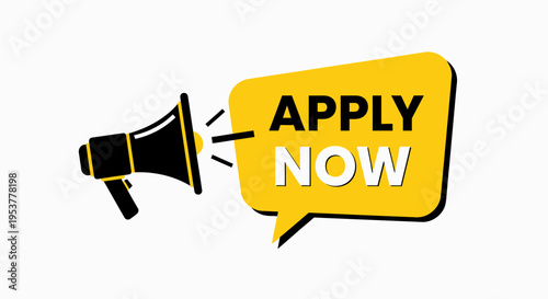 Applying Now Graphic with Megaphone Announcement and Speech Bubble on White Background