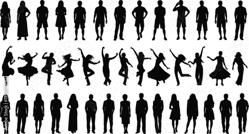 Human silhouette collection, dancing outline figure, casual pose motif illustration, fashion icon art, movement design graphic, posture symbol image