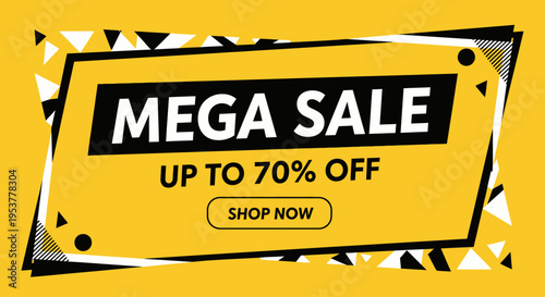 Bold Yellow Mega Sale Announcement with Discount Percentage and Shop Now Button