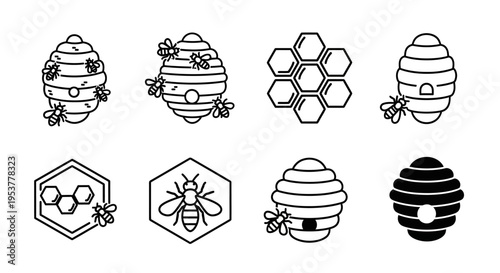 Beehive icons with honeycomb and bees.