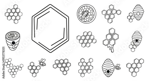 Beehive and honeycomb illustrations set.